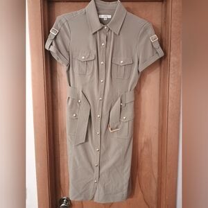 Sandra Darren Military Safari Dress Green Size 6 Snap Front Belted